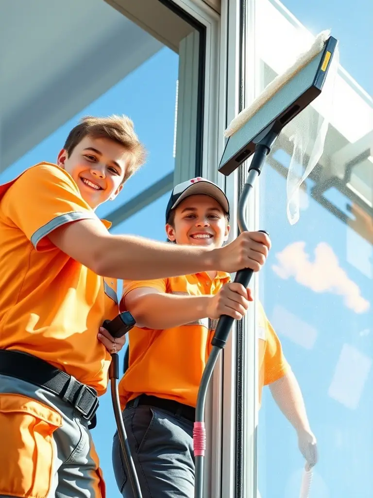 A photo of two smiling highschoolers, the founders of Clear Crew, cleaning a window with professional equipment, showcasing their dedication and work ethic.