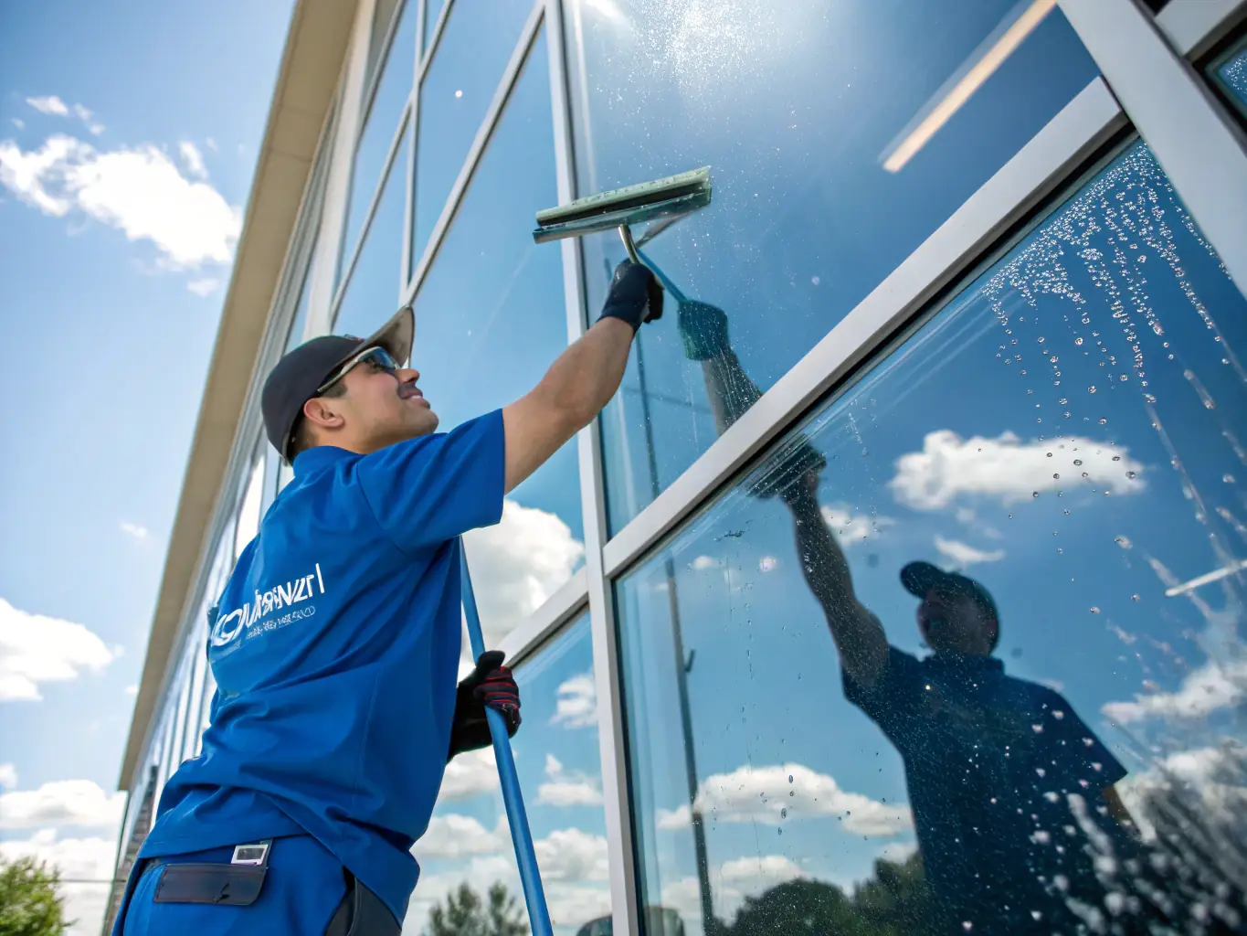 A Clear Crew team member cleaning a large window with a squeegee, showcasing their professional window cleaning service.