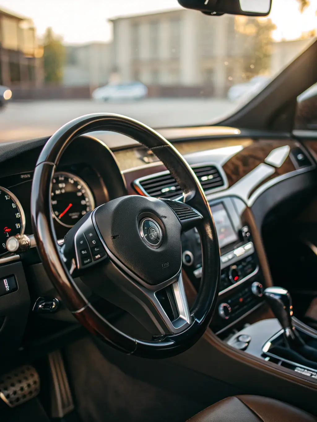 A close-up shot of a car's interior after detailing, focusing on the clean dashboard, steering wheel, and spotless seats, highlighting the attention to detail.