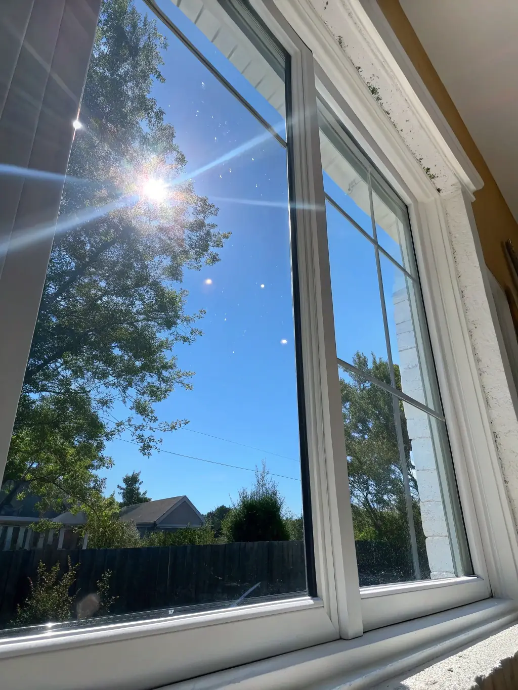 A high-angle shot of a sparkling clean window after being cleaned by Clear Crew, with a clear blue sky visible through the glass, showcasing the streak-free finish.