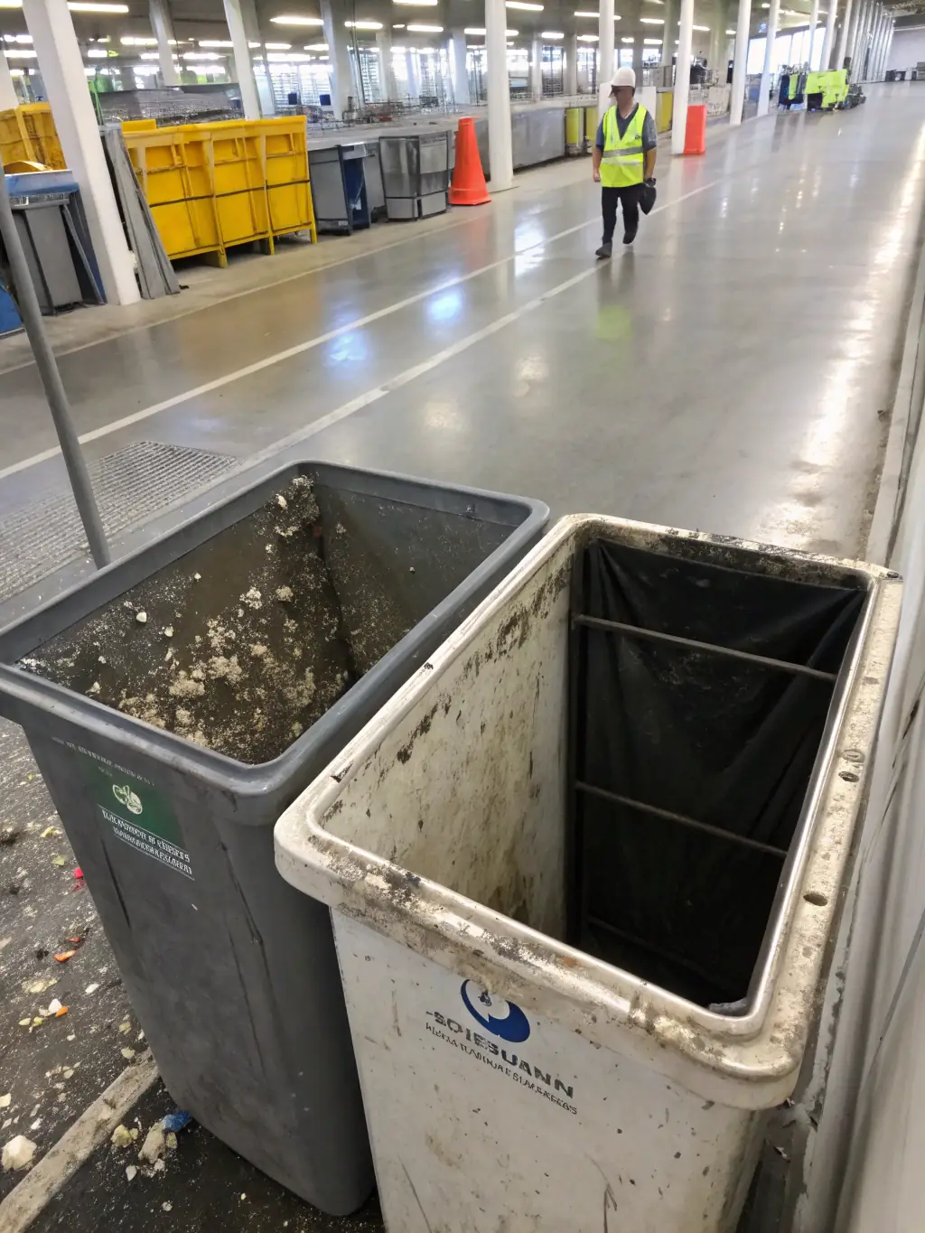 A before-and-after shot of a trash bin, showing the dirty bin before cleaning and the sanitized, fresh-smelling bin after Clear Crew's refreshing service.